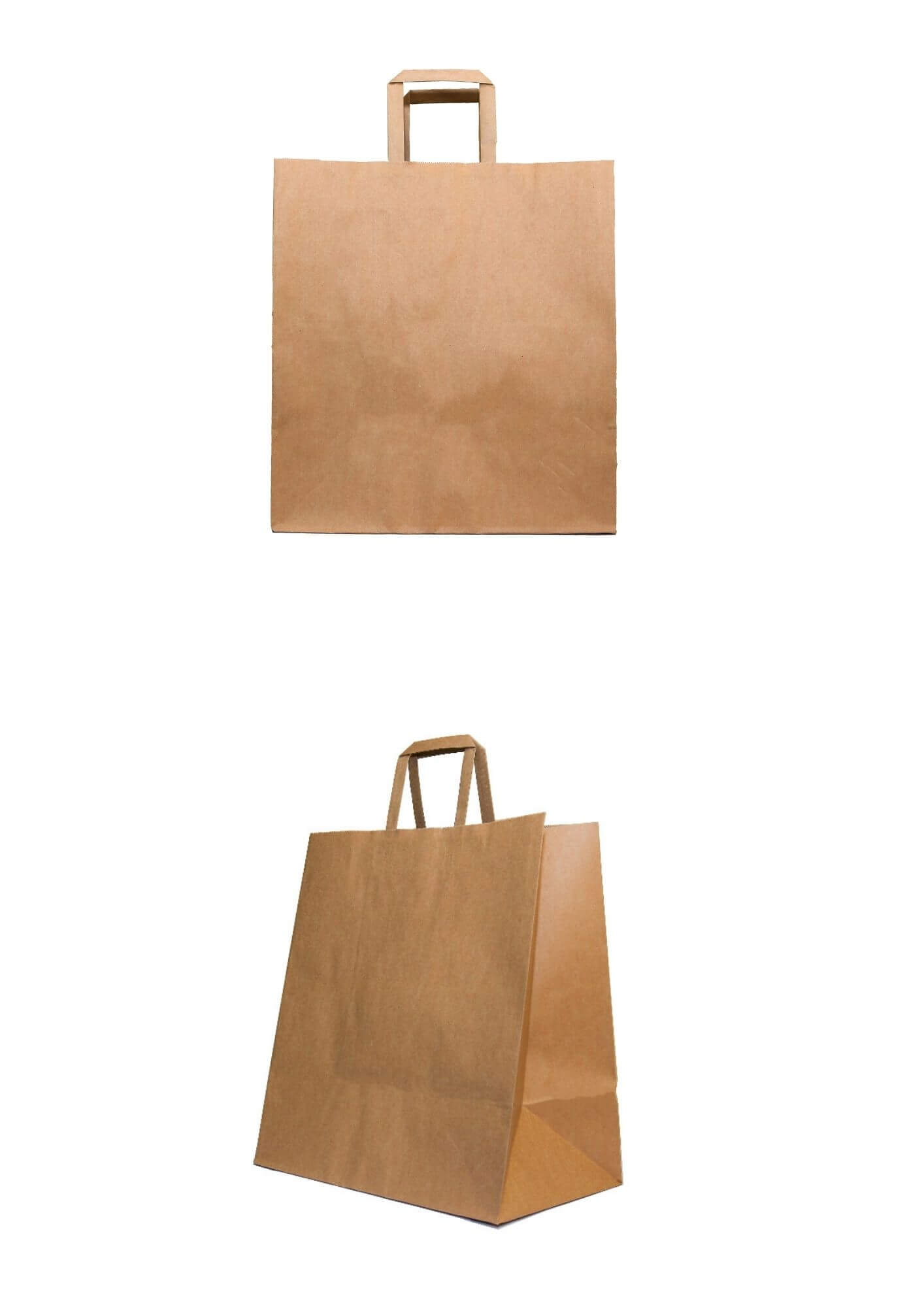 A brown kraft paper bag with flat handle made by max packaging